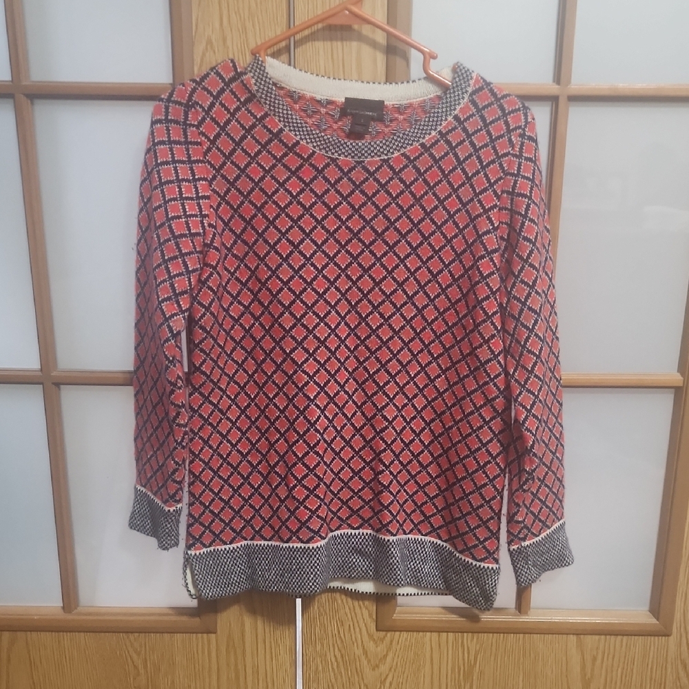 J. Crew Italian Cashmere Red And Navy Pattern Sweater Size Small